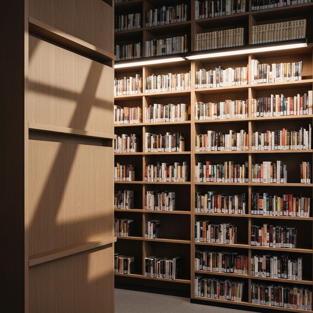 Institutional library interior with organized shelves representing knowledge archive