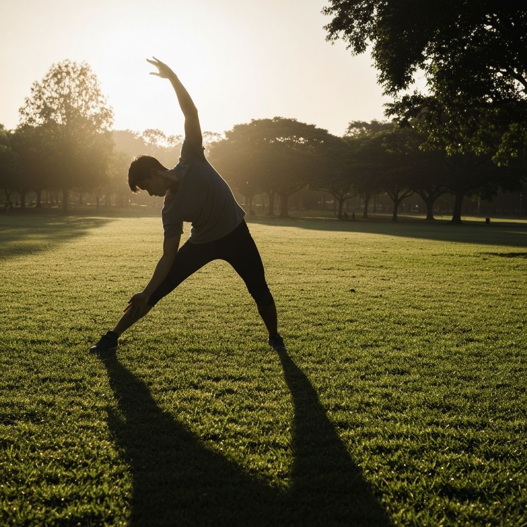 Silhouette of person stretching gently in morning light representing mindful physical practice