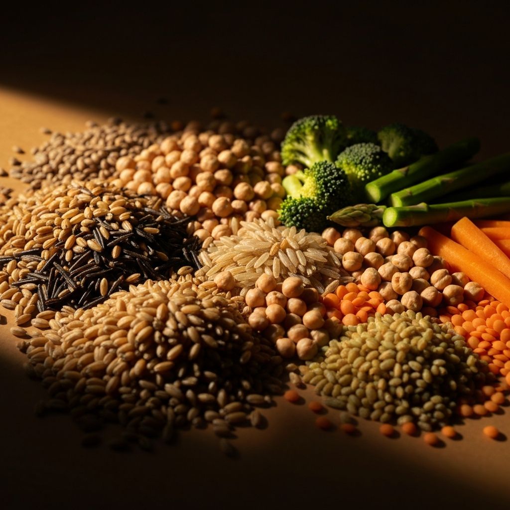 Fresh whole grains, vegetables and legumes arranged in warm natural light